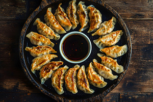 Pan-fried dumplings with soy dipping, a Food & Drink Photo by Photostock