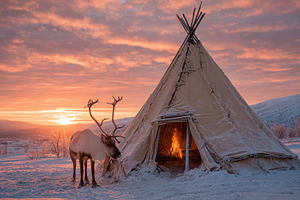 Reindeer at a snowy teepee sunset la, a Photo by Pixeness Studio