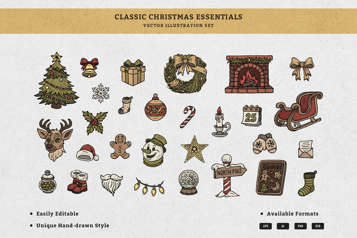 Classic Christmas Essentials Vector, an Illustration by MEANDSTUDIO (Photo 1 of 8)
