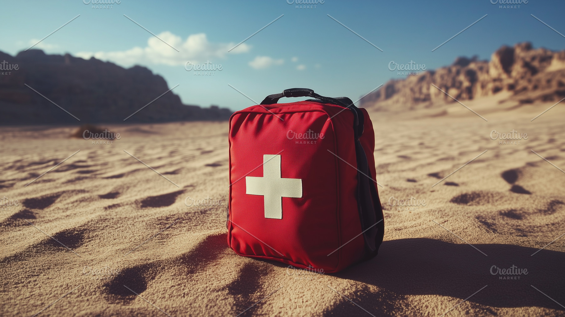 Red first aid kit on sandy desert, a Health & Medical Photo by MistyDay