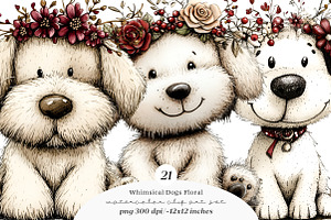 Whimsical Dogs Floral Clipart, an Illustration by SinaCreation