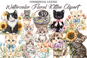Watercolor Floral Kitten Clipart, a Seasonal Illustration by designcity5