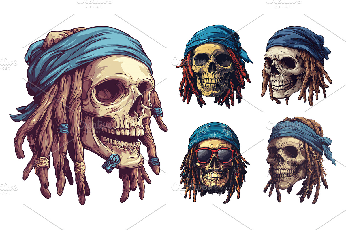 Skull rasta dreadlocks cartoon, an Object Illustration by Onyx