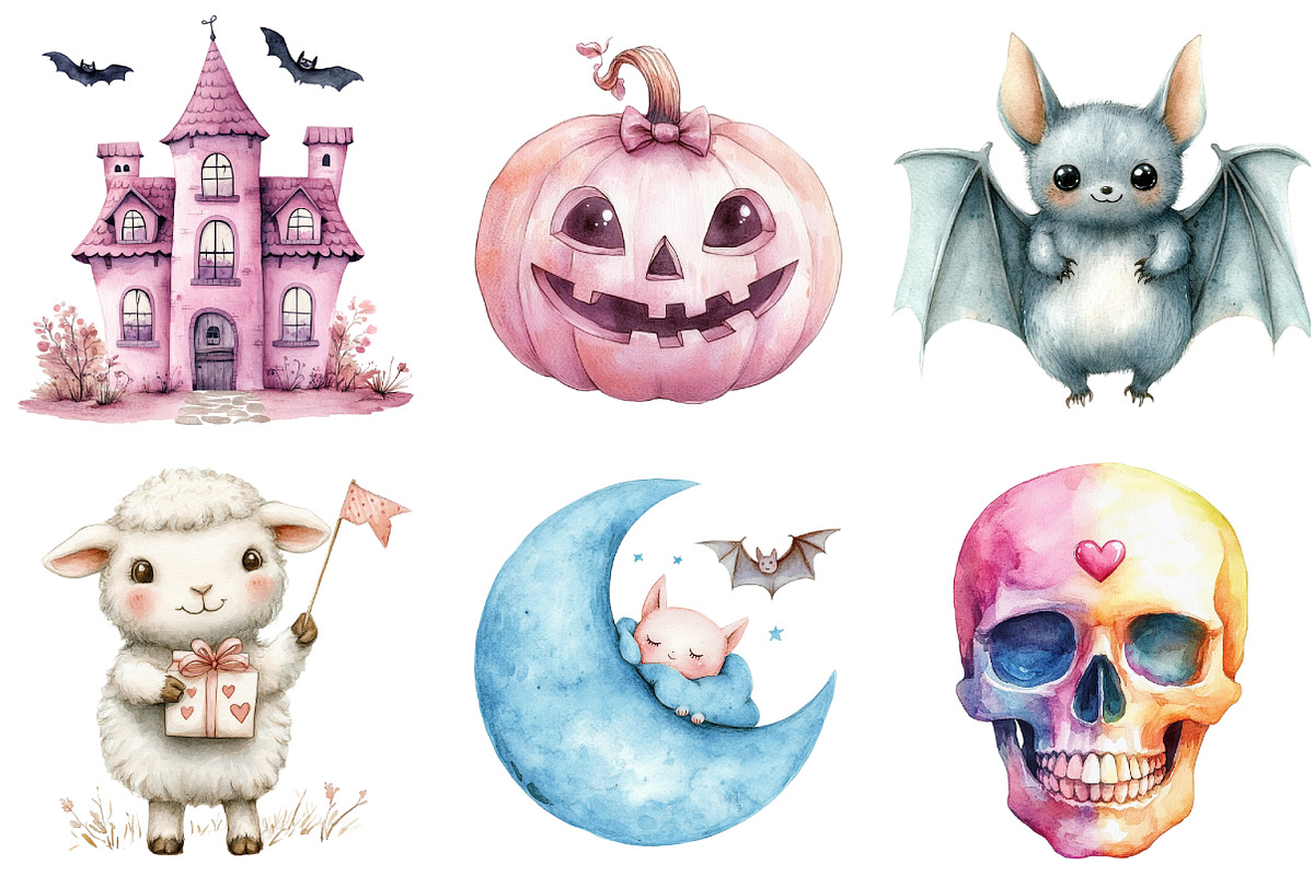 Cute Pastel Spooky Halloween Clipart, an Illustration by Watercolor design (Photo 4 of 4)