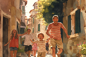 Joyful Children Running And Playing In A Sunlit Cobblestone Street