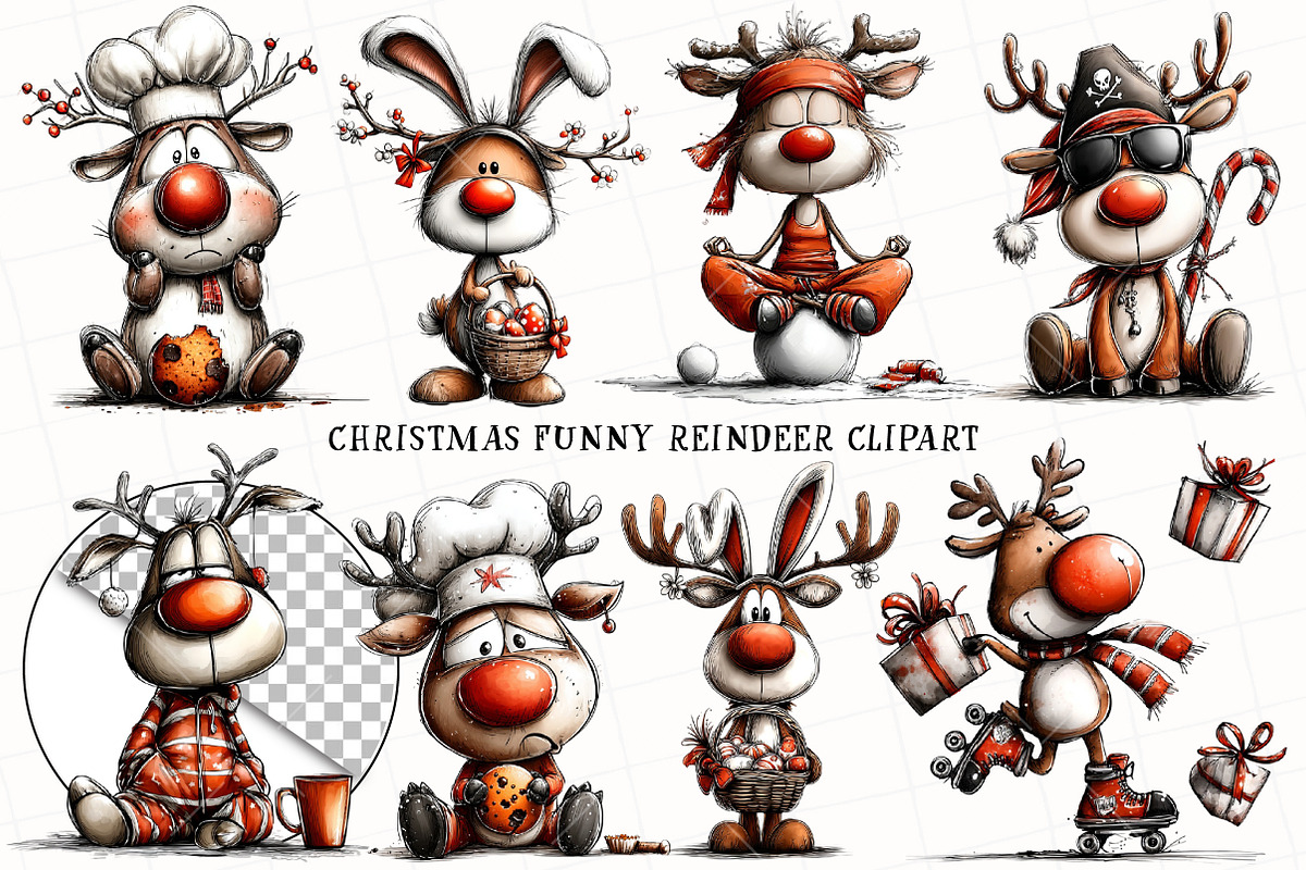 Christmas Funny Reindeer Clipart, an Illustration by OK Design (Photo 2 of 6)