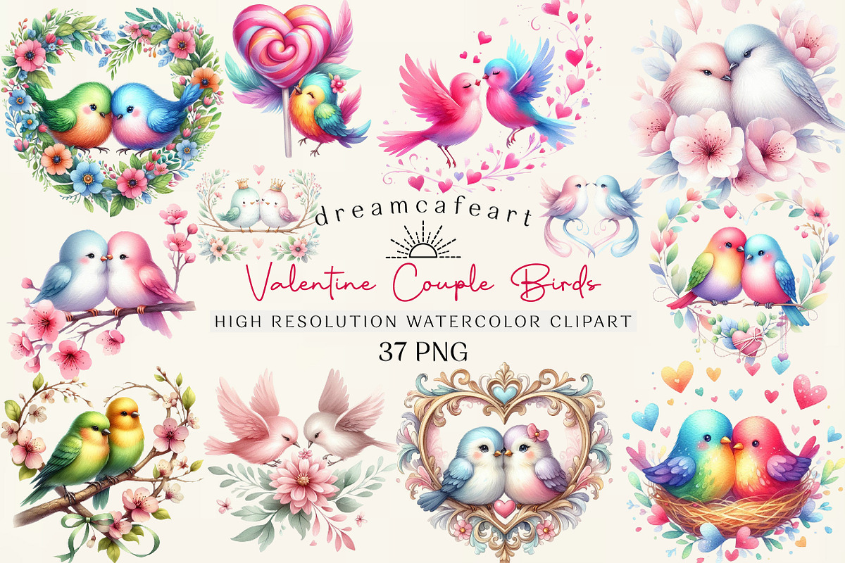 Whimsical Valentine Couple Birds, an Illustration by DreamCafeArt (Photo 1 of 6)