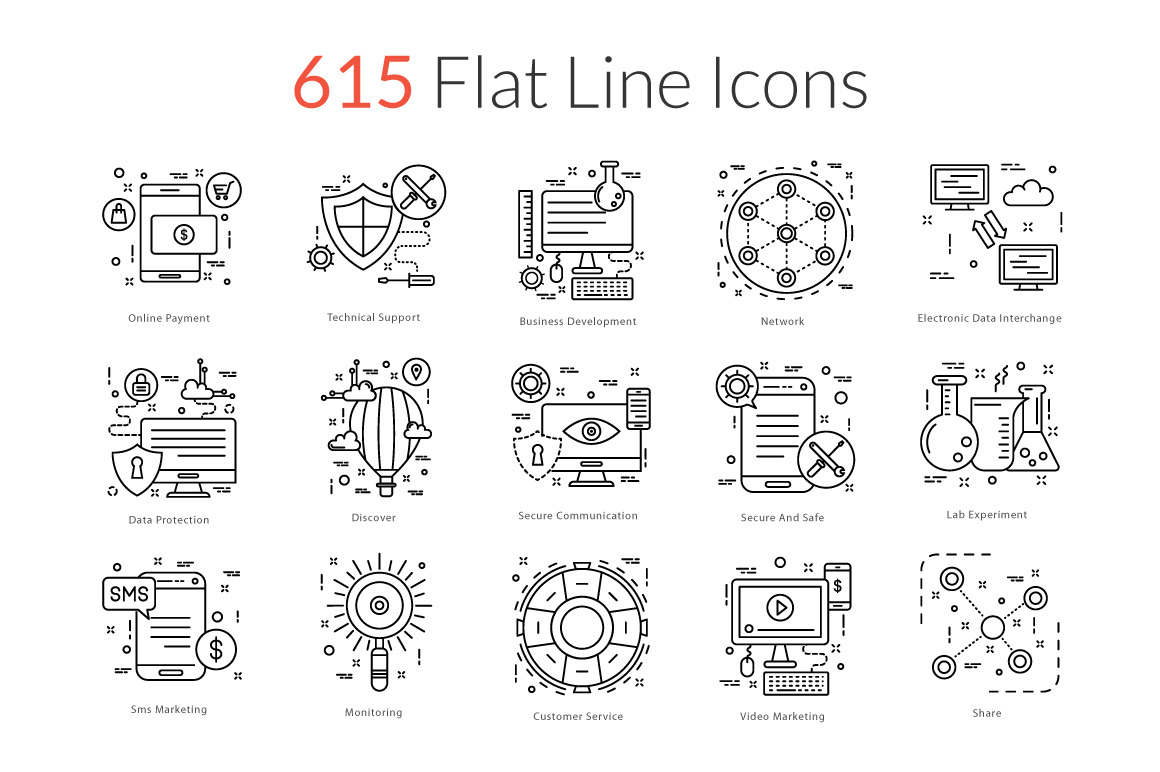 615 Flat Line Icons, an Outline Icon by Creative Stall