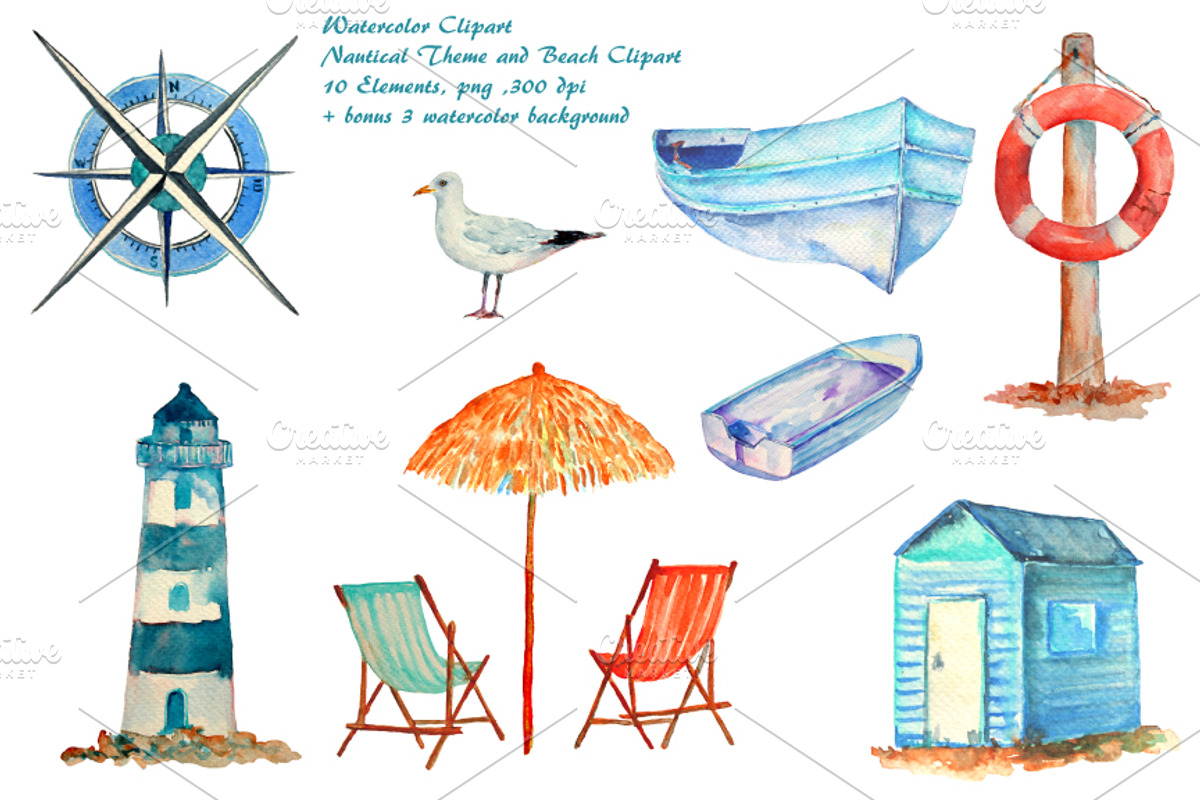 Watercolor Nautical Clipart, an Illustration by Corner Croft (Photo 1 of 3)