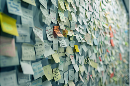 Wall covered with colorful sticky, a Business Photo by Ylivdesign