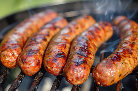 Several spicy sausage links are sizz, a Photo by Iftikhar Alam