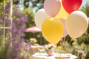Colorful balloons floating at an outdoor garden party, creating, a Photo by Studio ANNA
