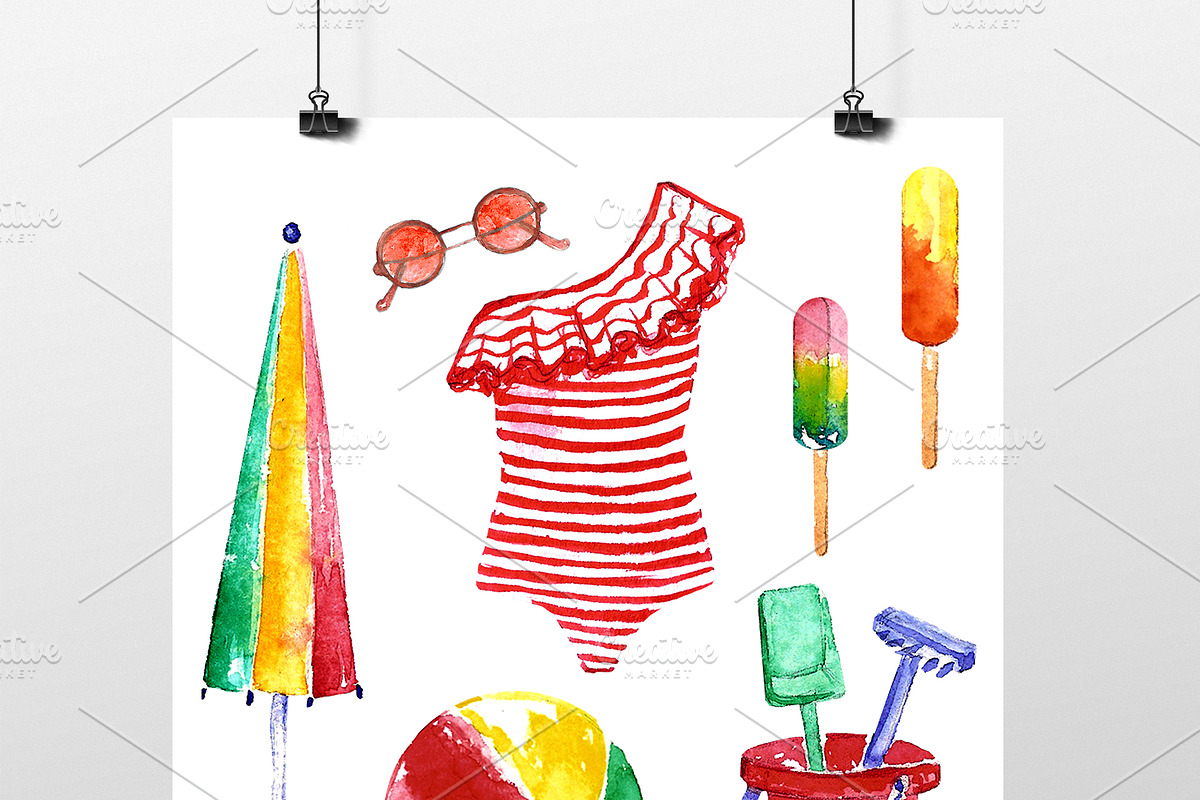 Summer watercolor objects., a Decorative Illustration by moto_cat (Photo 1 of 2)