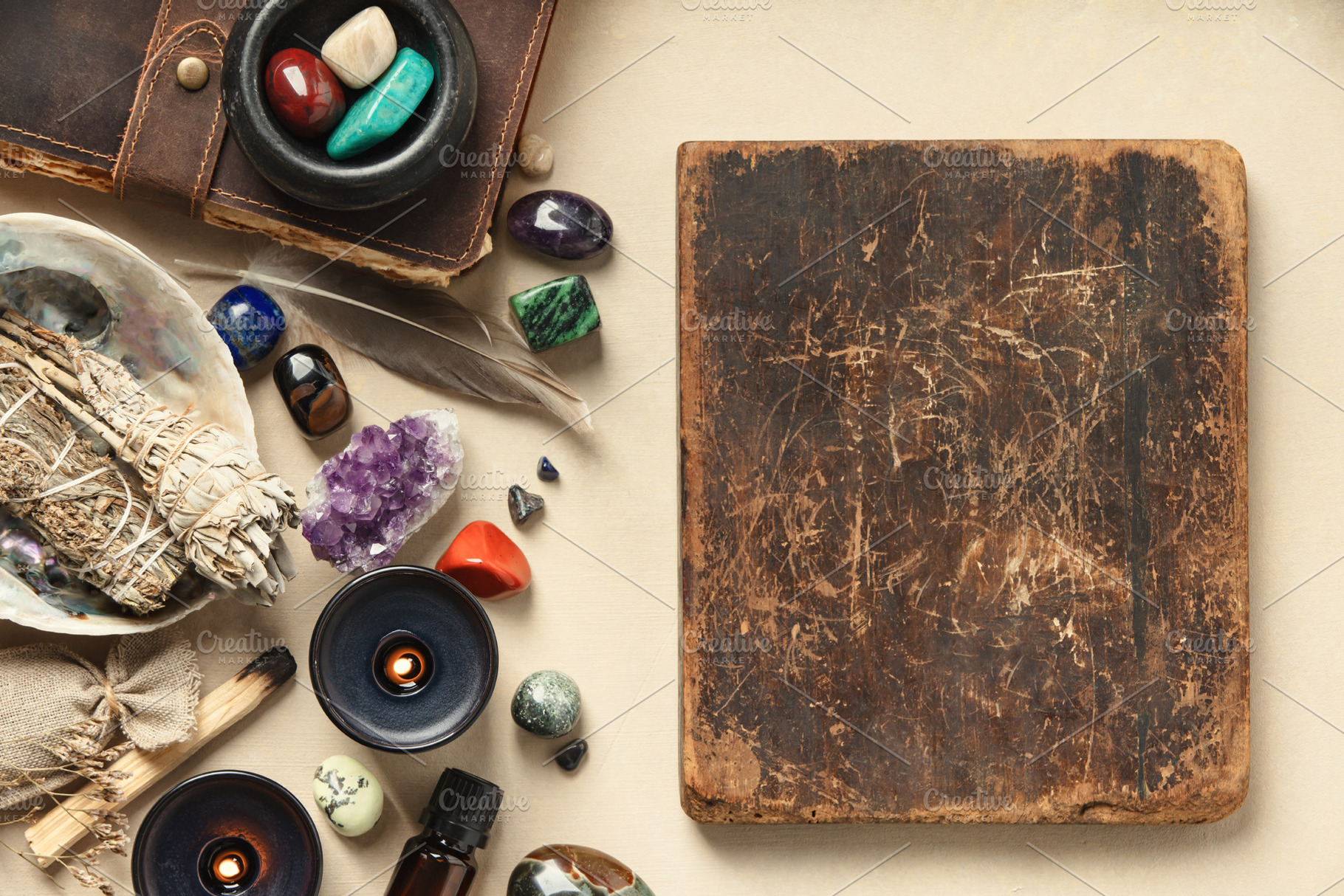 Ritual Elements with Sage, Crystals, and Feathers on Rustic Back, an ...