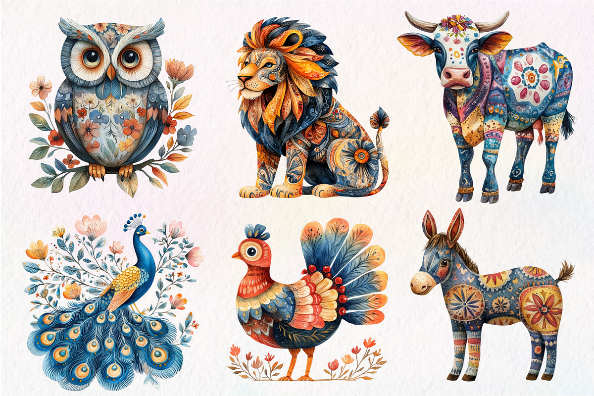 Watercolor Folk Art Animals Clipart, an Illustration by Dream Creation (Photo 5 of 7)