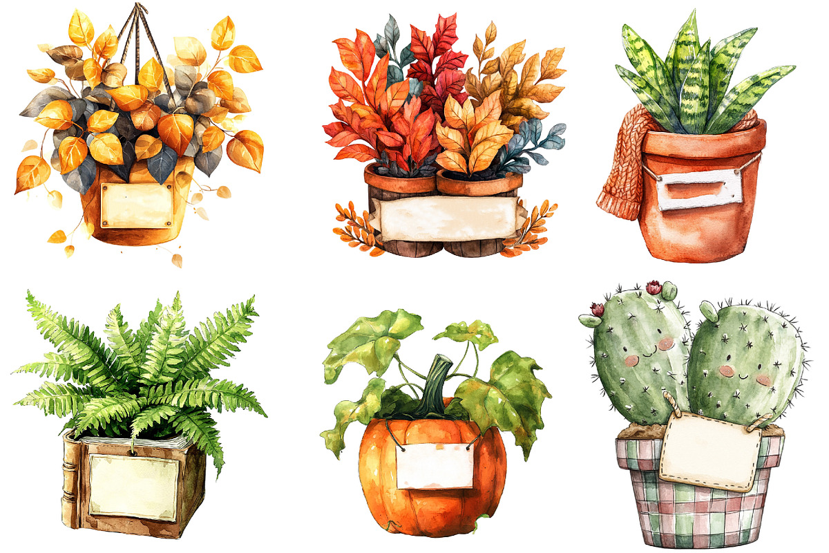 Positive Autumn Houseplant Clipart, an Illustration by Watercolor design (Photo 4 of 4)