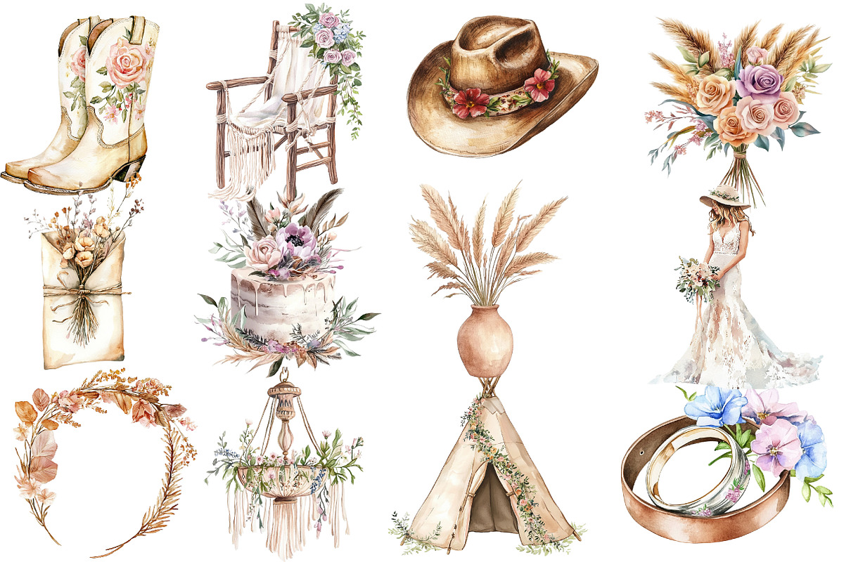 Western Boho Wedding Clipart, an Illustration by Designworld (Photo 2 of 6)