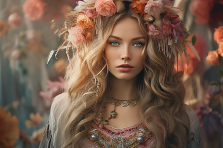 A portrait of a young bohemian woman with long, wavy blonde hair adorned with a, a Beauty & Fashion Photo by Textures & Backgrounds