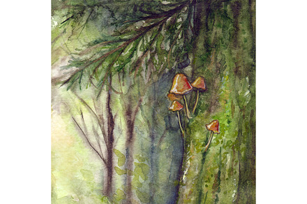 Mushrooms on tree wood forest art