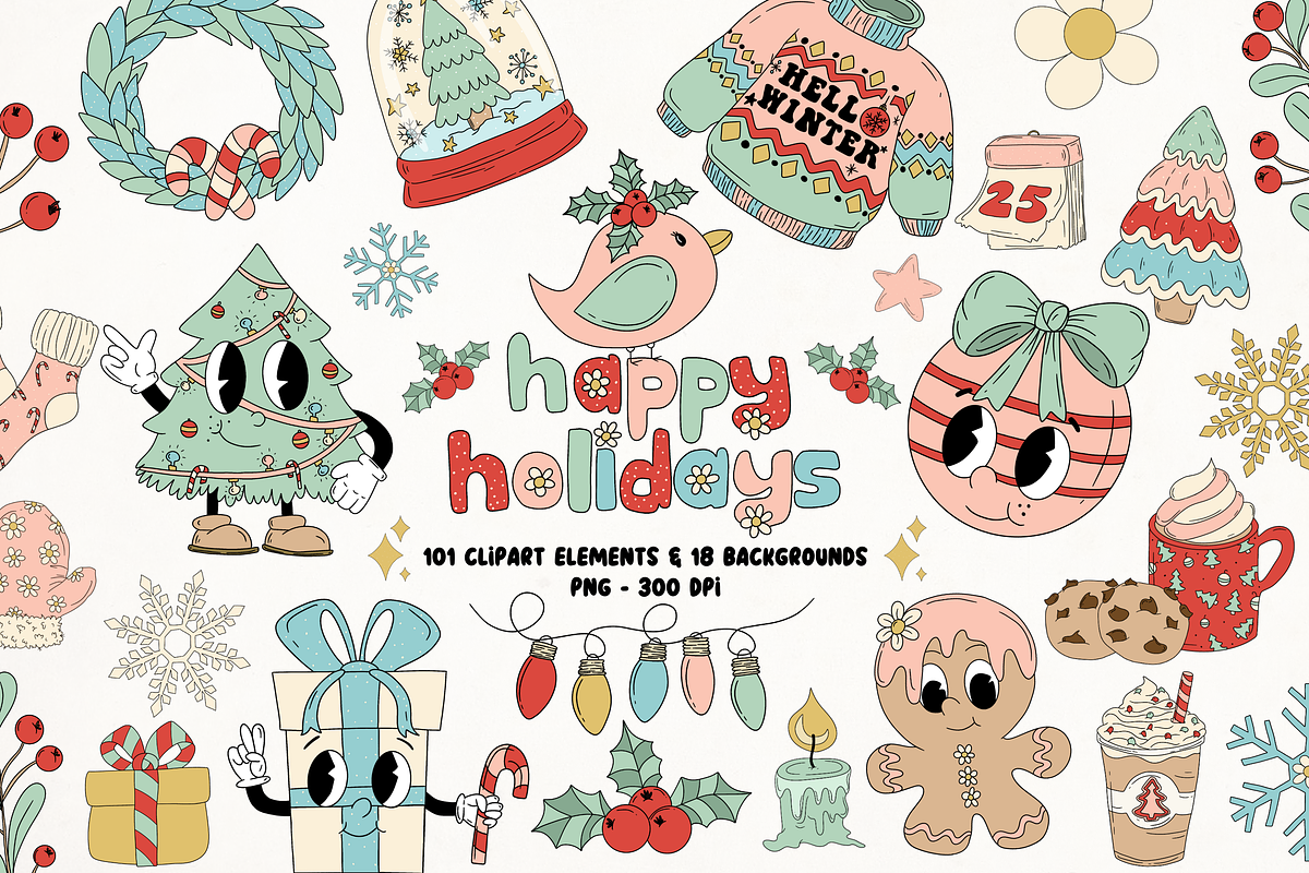 Groovy Retro Christmas Clipart Set, a Graphic by Murphy & Frank (Photo 1 of 10)