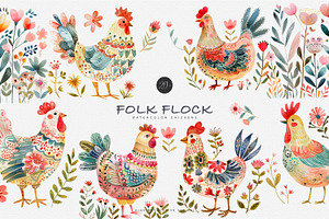 watercolor folk chicken clipart set, a Decorative Illustration by Patishop Art