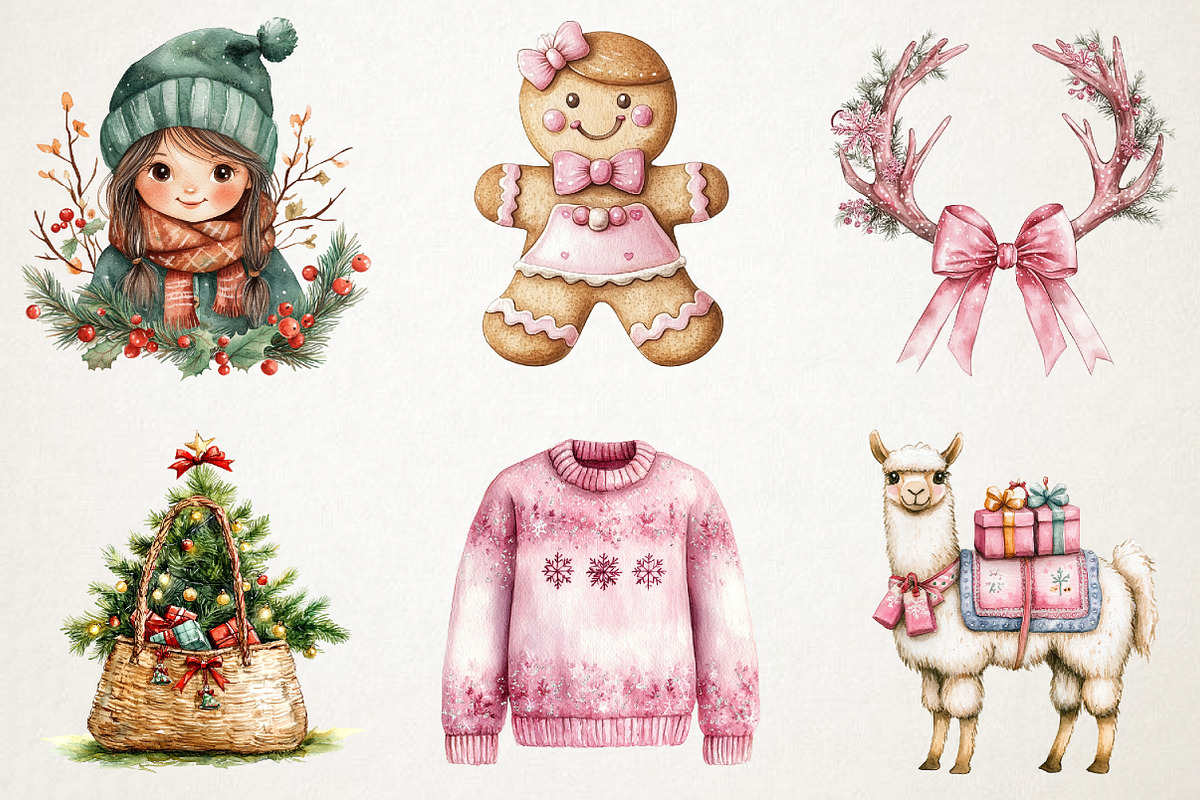 Girly Christmas Watercolor Clipart, an Illustration by RobertsArt (Photo 6 of 7)