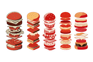 Exploded view hamburger layers color, a Food Illustration by Onyx