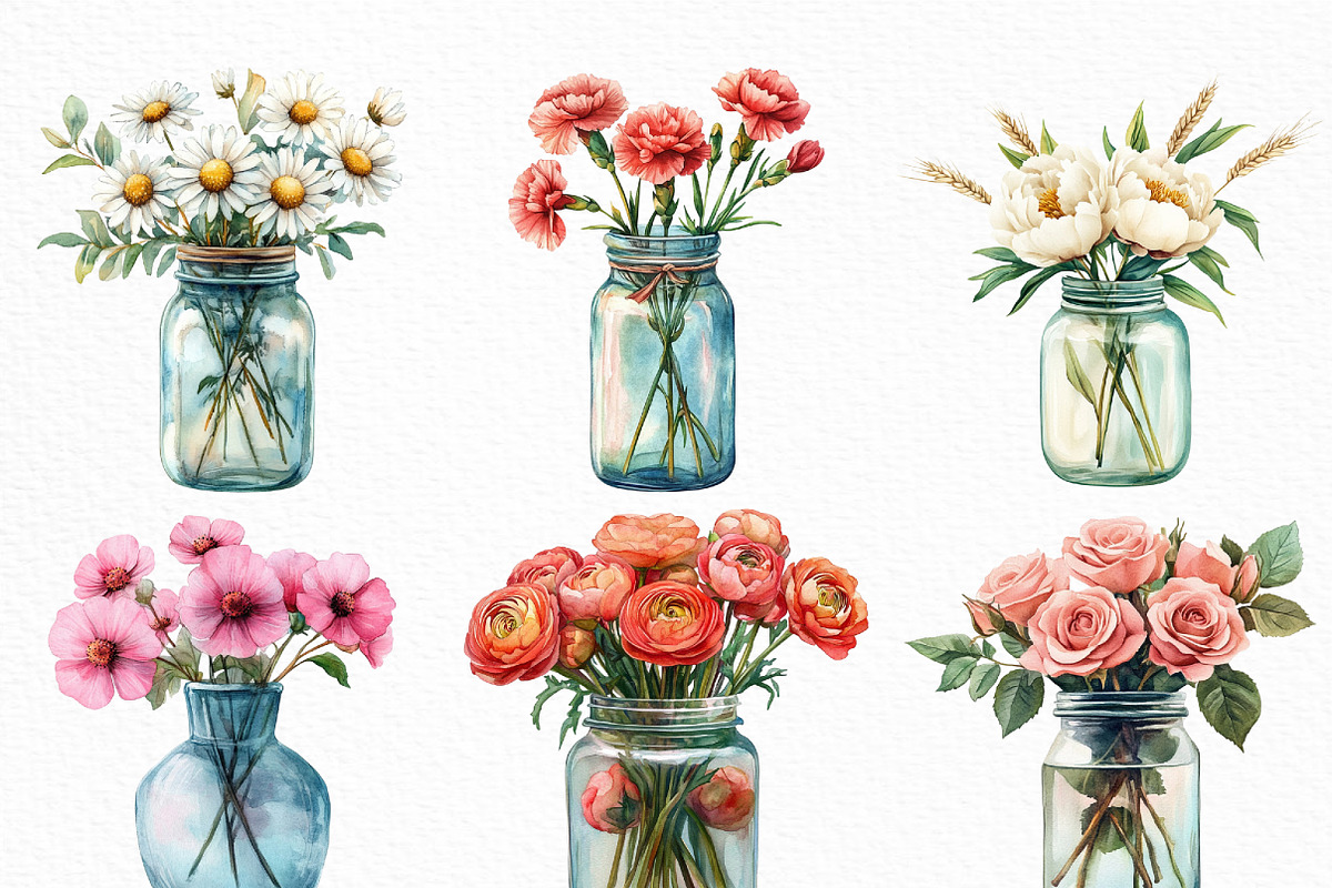 Watercolor Flower Jar Clipart Bundle, an Illustration by Craft Nest (Photo 2 of 6)