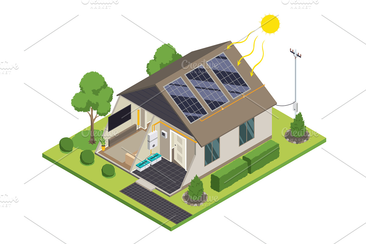 Solar cell home isometric. Renewable, a Technology Illustration by the8monkey