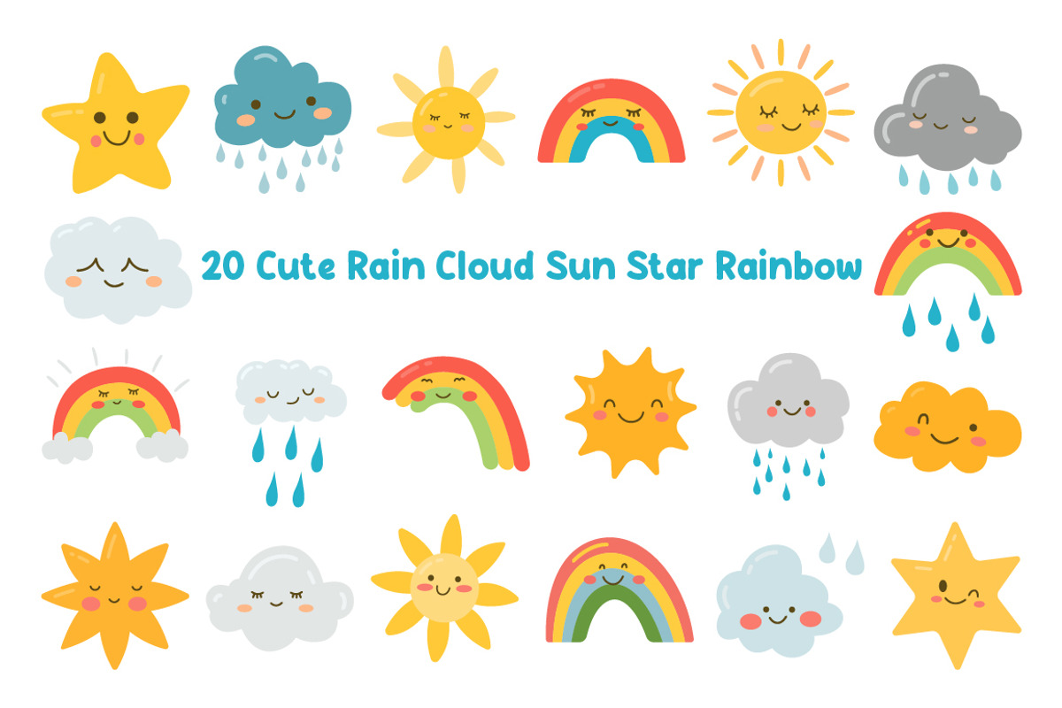 20 Cute Rain Cloud Sun Star Rainbow, a Decorative Illustration by jongcreative (Photo 1 of 9)