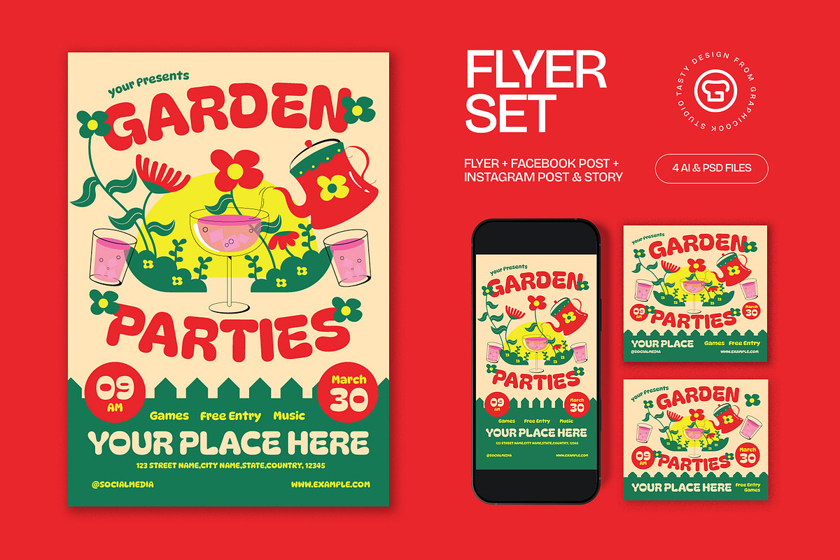 Cream Garden Parties Flyer Set, a Flyer Template by graphicook (Photo 1 of 3)