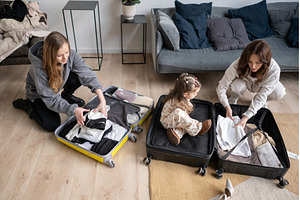 Two women and a little girl packing, an Architecture Photo by undrey