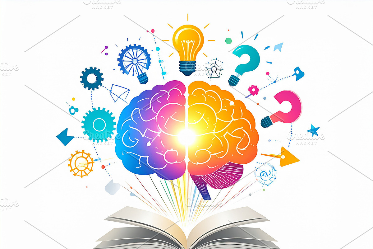 Brainstorming concept Illusration with floating icons converging, an Education Illustration by DanFLCreativo