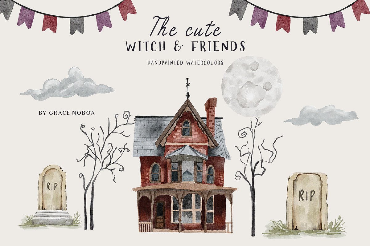 Cute Halloween watercolor clipart, a Seasonal Illustration by Grace Noboa Illustrations (Photo 8 of 12)