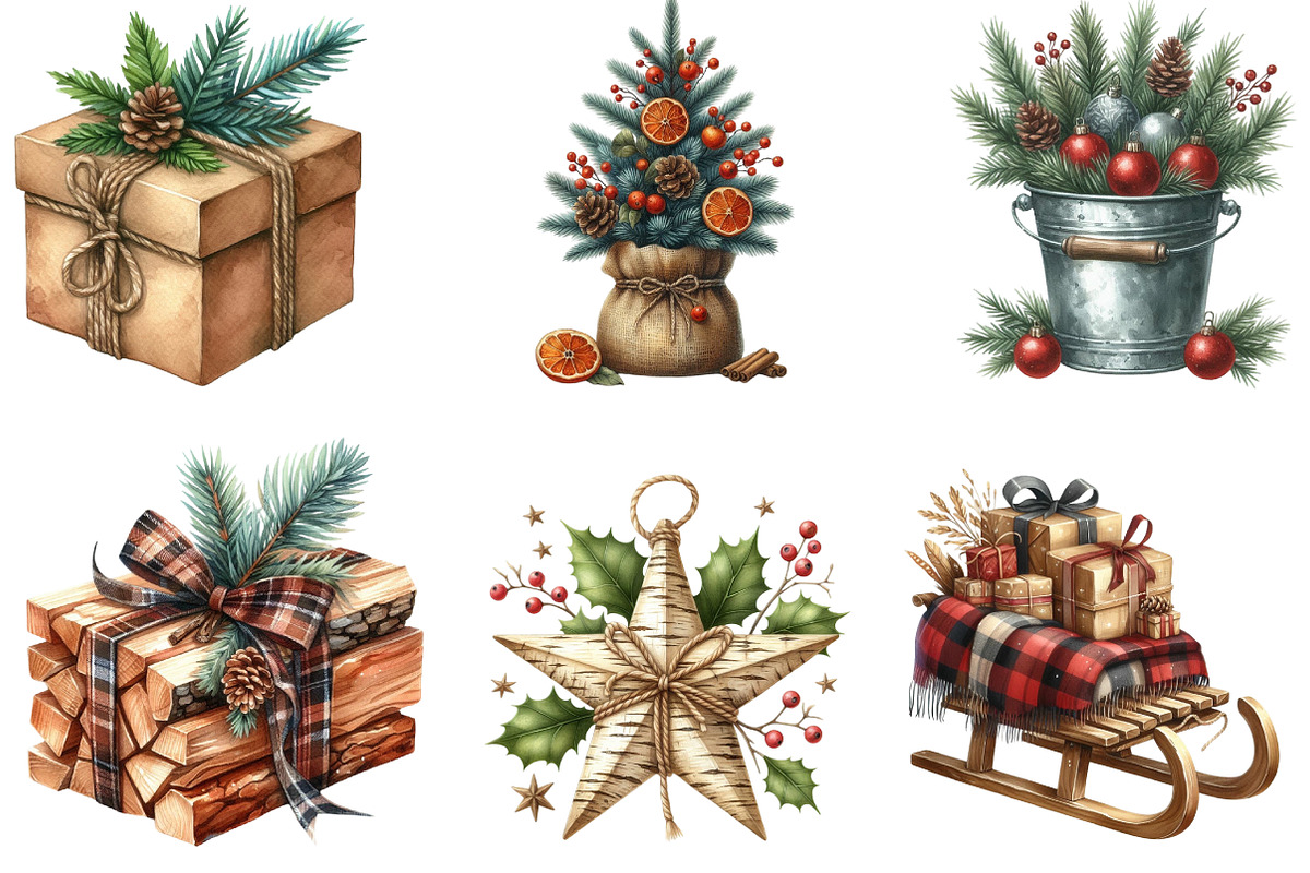Rustic Christmas Watercolor Clipart, an Illustration by DreamArtGraphic (Photo 5 of 5)