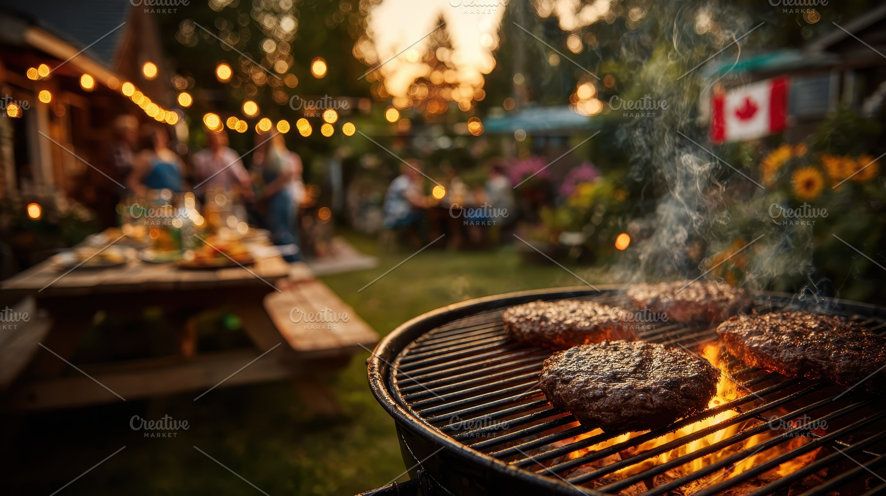 Backyard BBQ grilling burgers summer, a Photo by Pixeness Studio