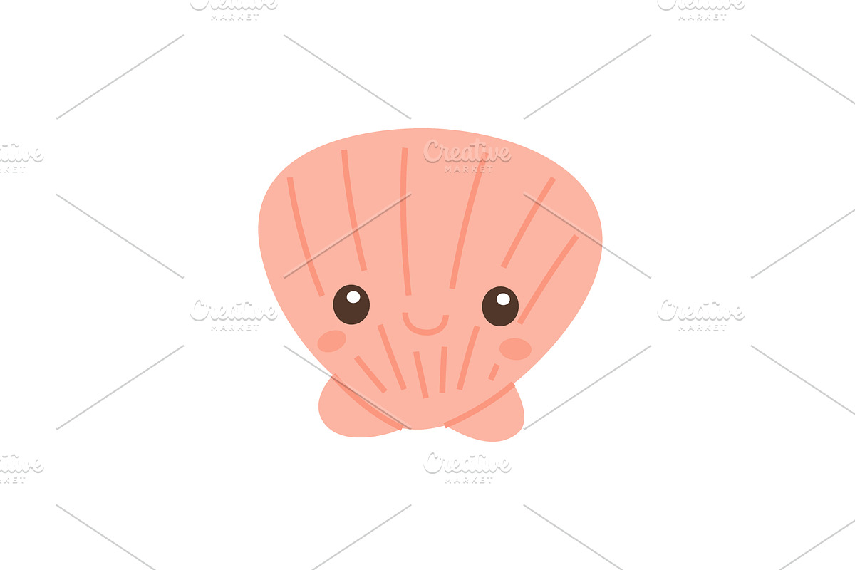 Smiling cartoon pink seashell. Flat, an Animal Illustration by GraphiShop