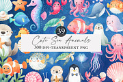 Cute Sea Animals Watercolor Clipart, an Illustration by Designworld (Thumbnail 1 of 5)