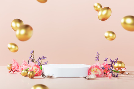 Empty round podium, easter gold eggs with spring tulip flowers o, a Holiday Photo by Natalia Klenova's Shop