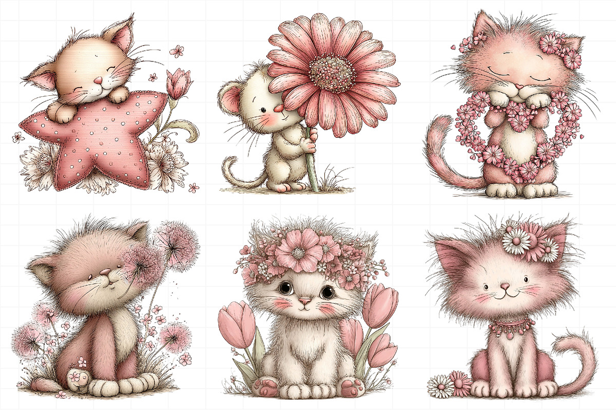 Whimsical Spring Cats Clipart, an Illustration by Daily.Designs (Photo 3 of 6)