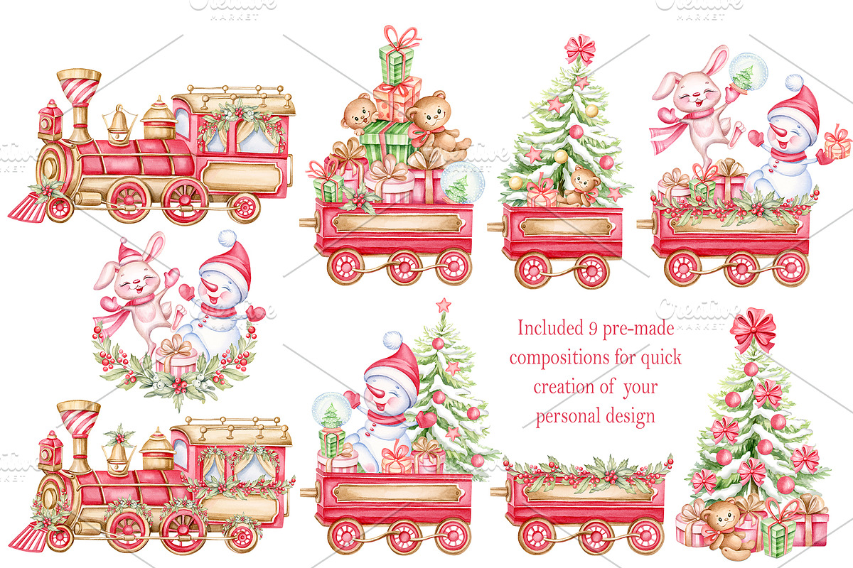 Christmas train watercolor clipart, an Illustration by MarinadeArt (Photo 5 of 8)