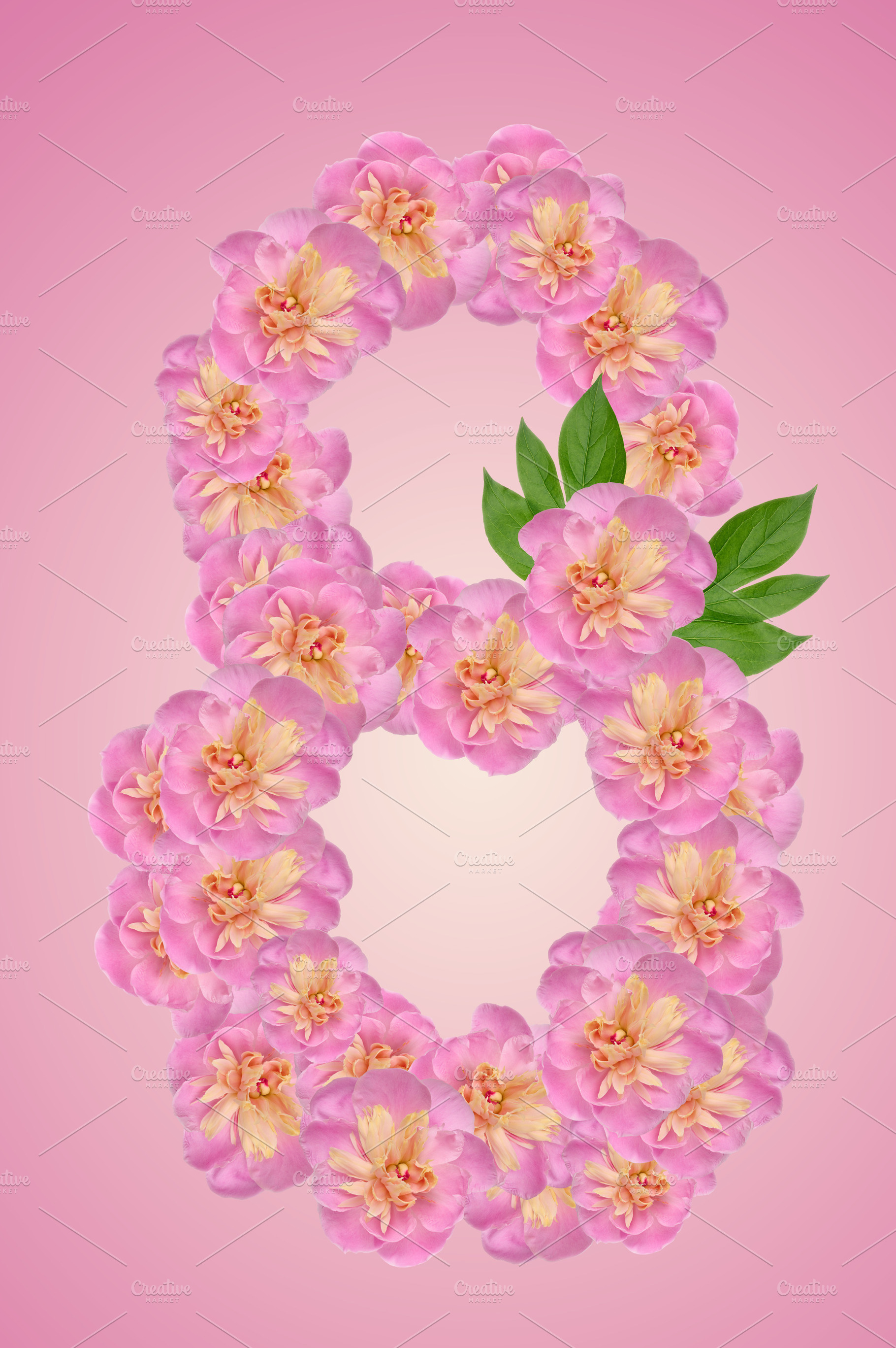 The number eight is made from pink peony buds with green leaves, a Holiday Photo by ndanko