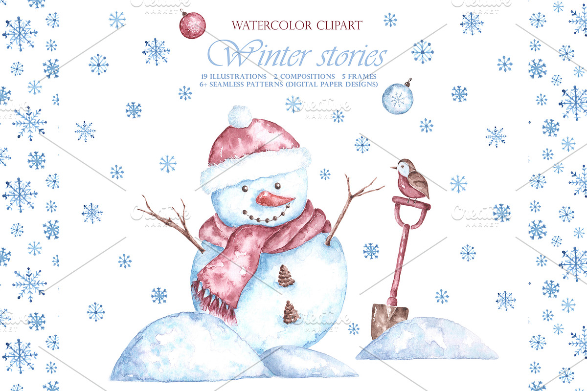 Christmas snowman watercolor clipart, a Seasonal Illustration by SabinaWatercolorArt (Photo 1 of 17)