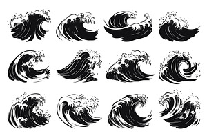 Sea Waves Set Retro Style Black and, an Illustration by LadadikArt