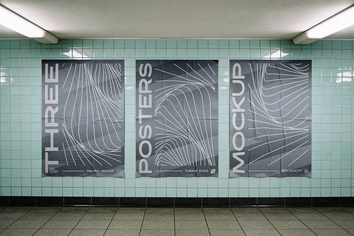 Glued Posters Mockup on Tile Wall, an Advertising Mockup by Design Squad (Photo 3 of 5)