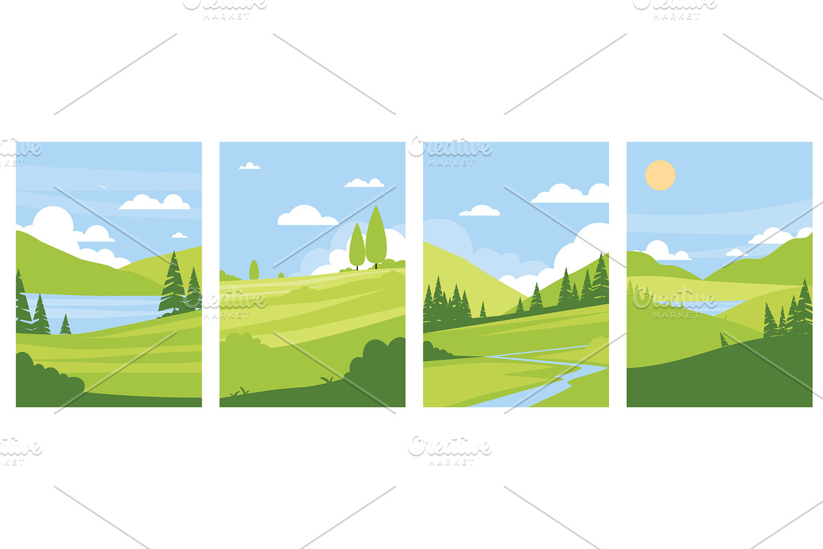 Green summer landscape cards. Flat, an Illustration by YummyBuum