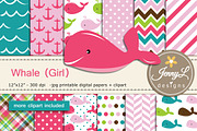 Whale girl digital papers  & clipart, a Pattern Graphic by JennyL Designs (Thumbnail 1 of 4)