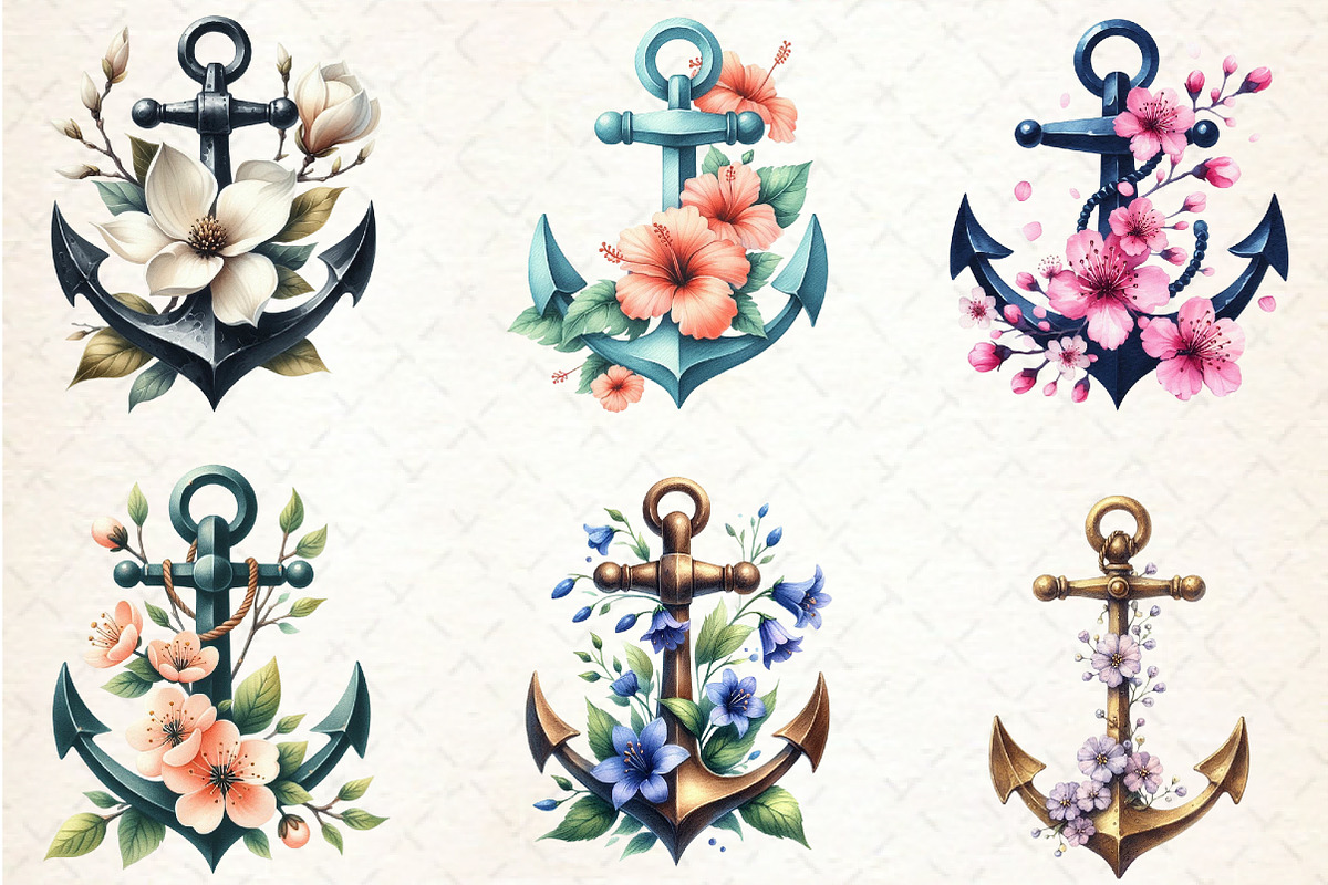Watercolor Floral Anchor Clipart, an Illustration by Rose Art (Photo 4 of 4)