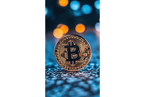 Bitcoin coin on blurred blue and, a Business Photo by Lermont51