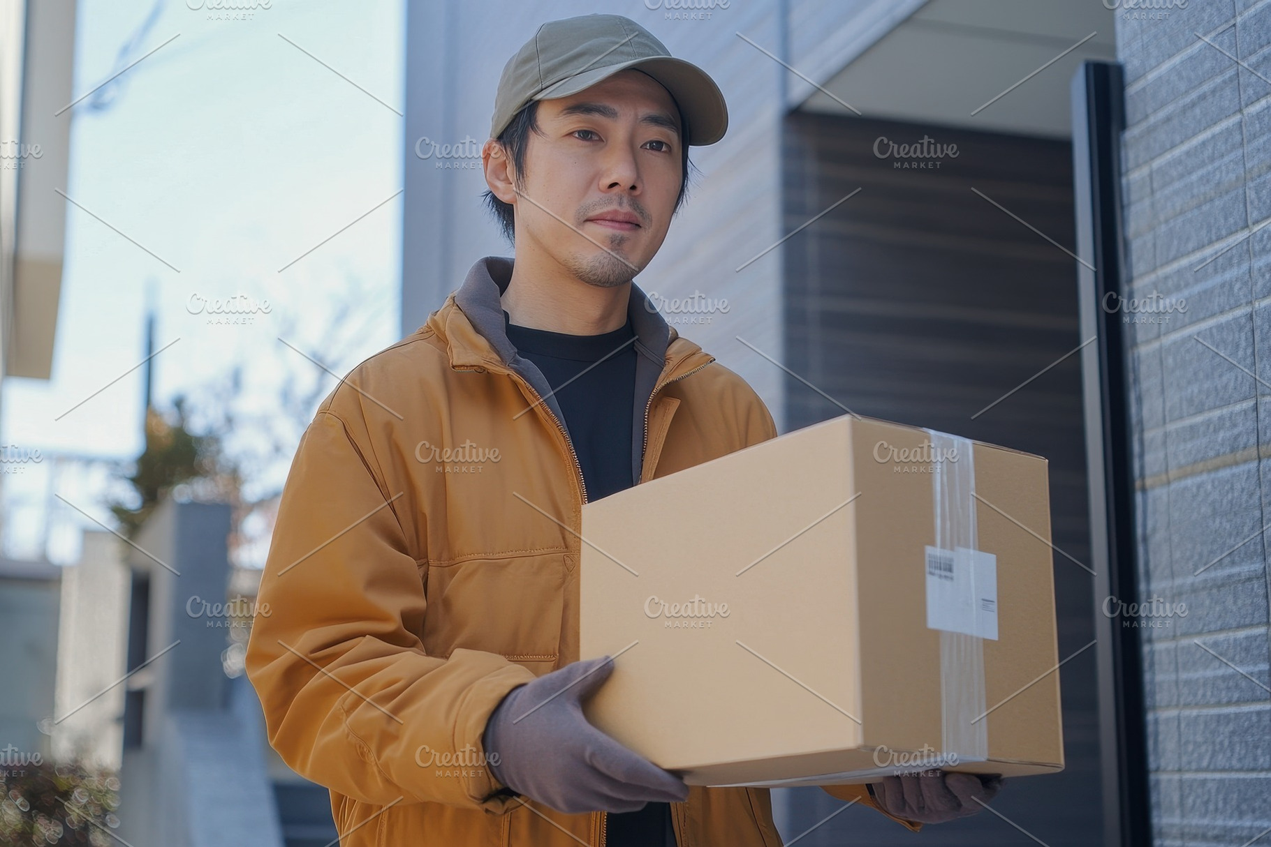 Delivery man carrying a box of parce, a Photo by Pavel_design